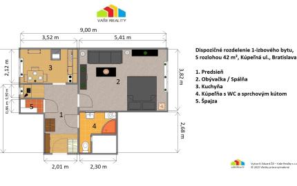 Na prenájom 1 izb. byt 42 m², klimatizovaný, Kúpeľná  ul, BA I – Staré Mesto, od 1.7.2026
