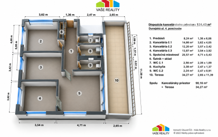 Reprezentatívne administratívne priestory s terasou, Dunajská ul. 124 m², ihneď voľný