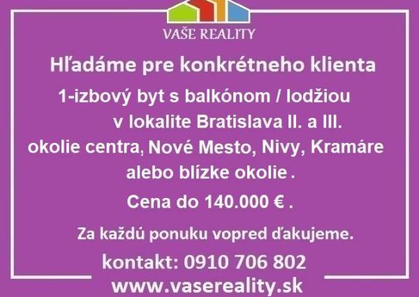 Na kúpu 1-izbový byt s balkónom / lodžiou, Nivy, Kramáre, Nové Mesto