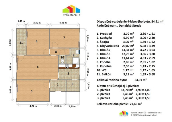 Výnimočný 4-izbový byt s balkónom, 85 m², Radničné nám., Dunaj.Streda