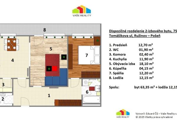 Krásny 2-izbový byt s lodžiou, 75 m², Tomášikova ul, Ružinov, od 02/26