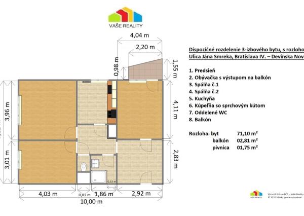 Na predaj novozrekonštruovaný 3-izb. byt s balkónom, 76 m², J. Smreka