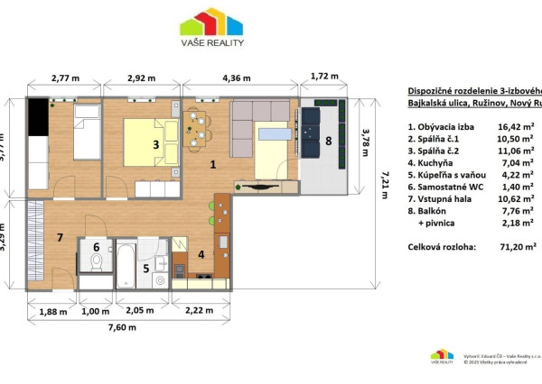 Výnimočný 3-izbový apartmán s balkónom, 71 m², Nový Ružinov