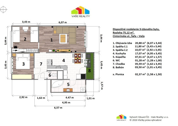 Na predaj 3-izbový byt s balkónom, 75 m², Cintorínska ulica, Šaľa - Veča