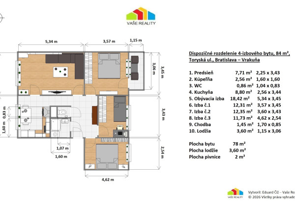 4-izbový byt po kompl. rekonštrukcii, Toryská ul., BA  84 m²