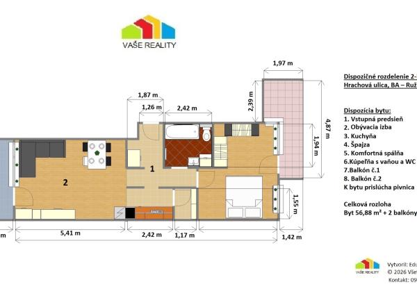 Luxusný 2-izbový byt + 2 balkóny, 73 m², garážové státie - Ružinov