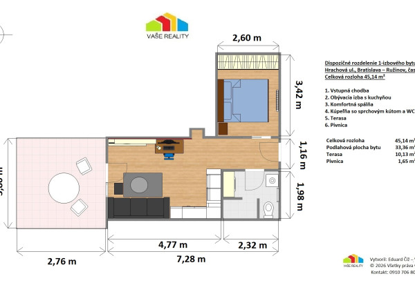 Luxusný 1-izbový byt s terasou, 45 m², Ružinov (Hrachová)