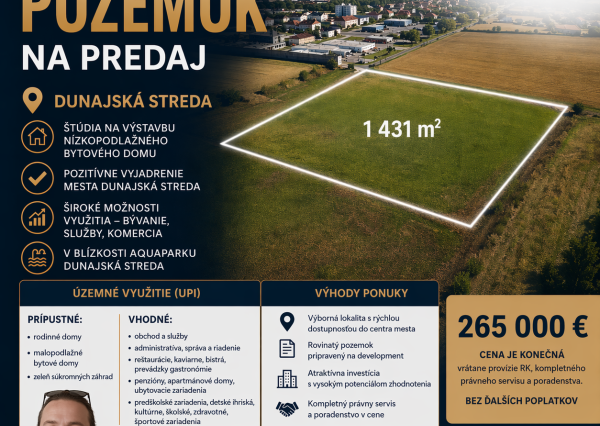 Na predaj investičný pozemok, 1431 m², Dunajská Streda