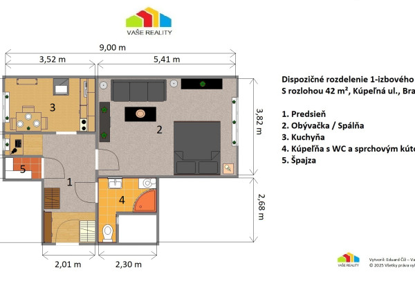 Na prenájom 1 izb. byt 42 m², klimatizovaný, Kúpeľná  ul, BA I – Staré Mesto, od 1.7.2026