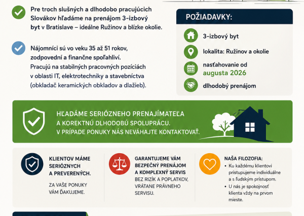 Hľadáme do prenájmu 3-izbový byt v Bratislave od 1.8.2026