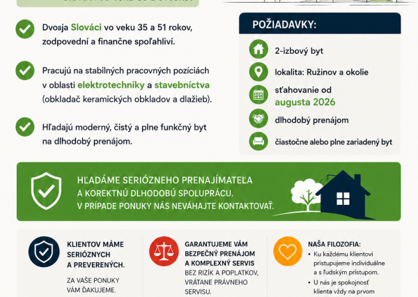 Hľadáme do prenájmu 2-izbový byt v Bratislave od 1.8.2026