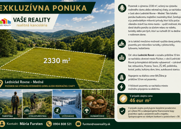 Pozemok na predaj 2330m2 Lednické Rovné