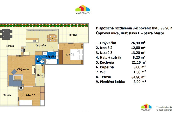 3-izbový byt s veľkou terasou a panoramatickým výhľadom 150 m² – Čapkova ul., Horský park, voľný ihneď