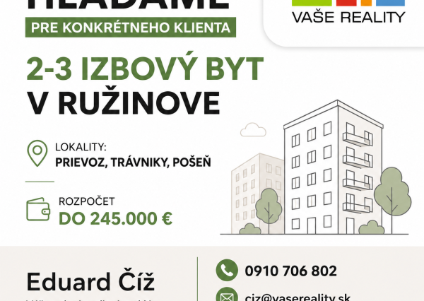 Hľadáme byt v Ružinove – kúpa do 245.000 €
