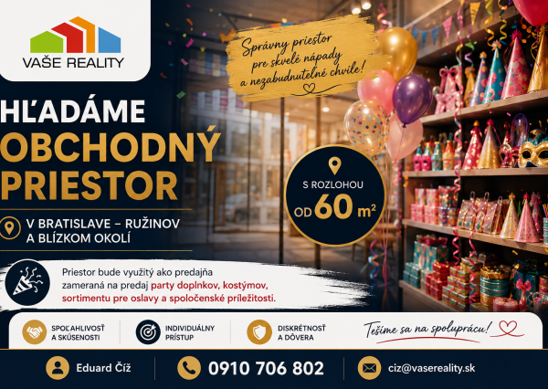 Hľadáme do prenájmu obchodný priestor od 60 m² – Bratislava - Ružinov