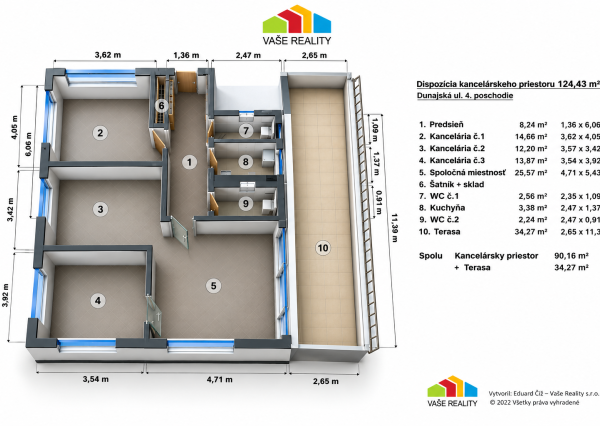 Reprezentatívne administratívne priestory s terasou, Dunajská ul. 124 m², ihneď voľný