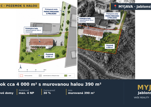 POZEMOK cca 4000 m² S MUROVANOU HALOU 390 m2 – MYJAVA | Jablonská cesta