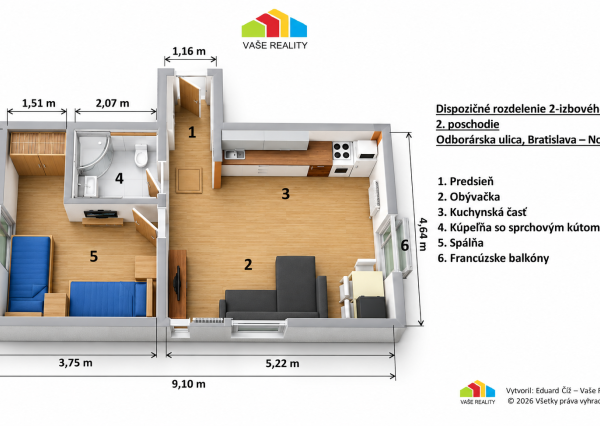 Na prenájom 2-izbový byt, 47 m², klimatizovaný, Odborárska ul., BA – Nové Mesto, ihneď voľný