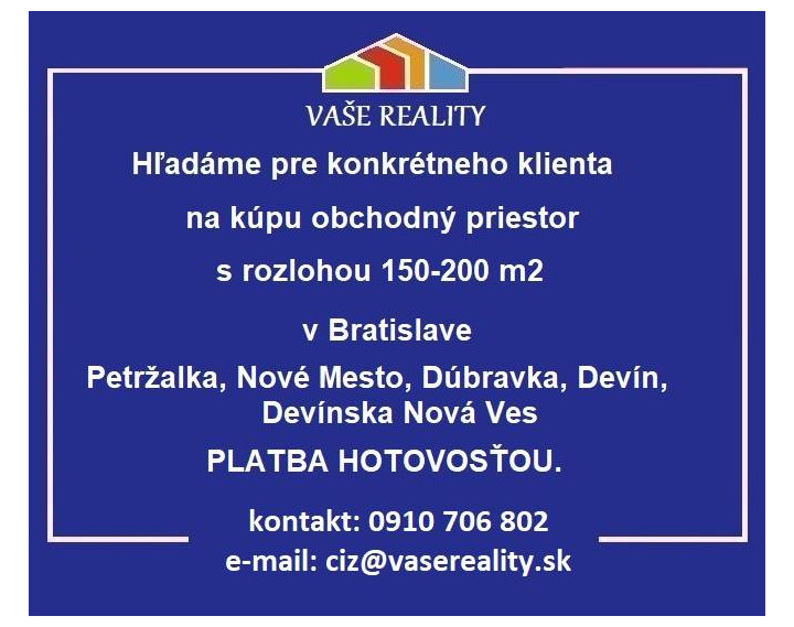 Na kúpu obchodný priestor, Bratislava, cca 200 m², hotovosť