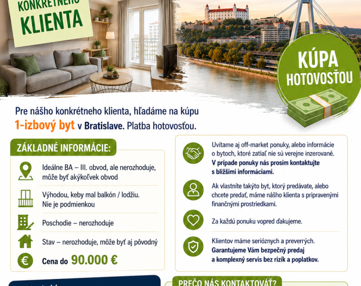 KÚPA - Pre konkrétneho klienta hľadáme 1- izbový byt v Bratislave - hotovosť