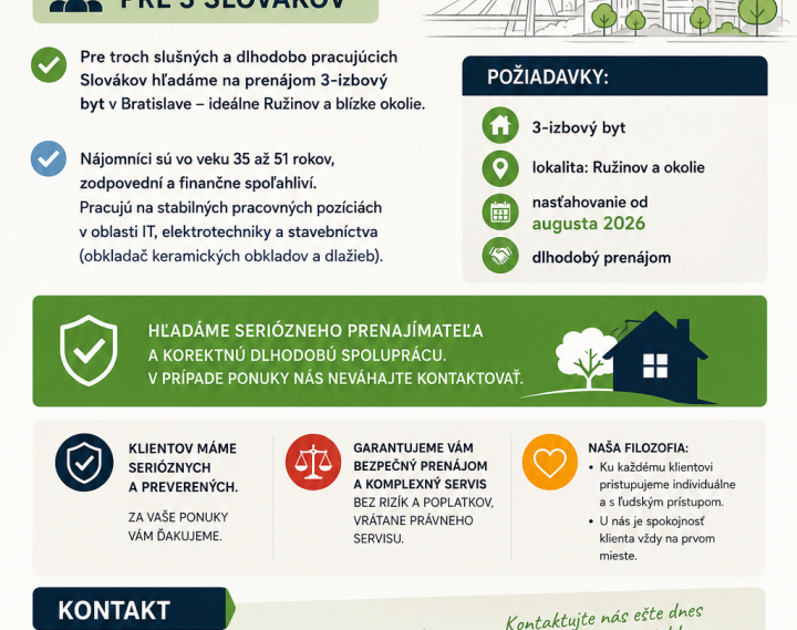 Hľadáme do prenájmu 3-izbový byt v Bratislave od 1.8.2026
