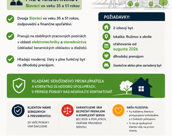 Hľadáme do prenájmu 2-izbový byt v Bratislave od 1.8.2026
