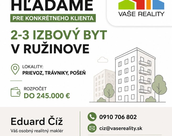 Hľadáme byt v Ružinove – kúpa do 245.000 €