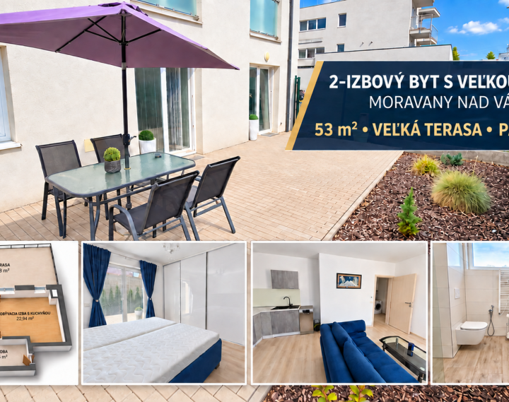 Zariadený 2-izbový byt v novostavbe s veľkou terasou a vlastným parkovaním – Moravany nad Váhom