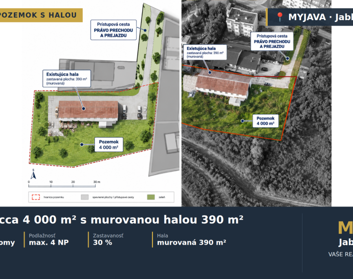 POZEMOK cca 4000 m² S MUROVANOU HALOU 390 m2 – MYJAVA | Jablonská cesta