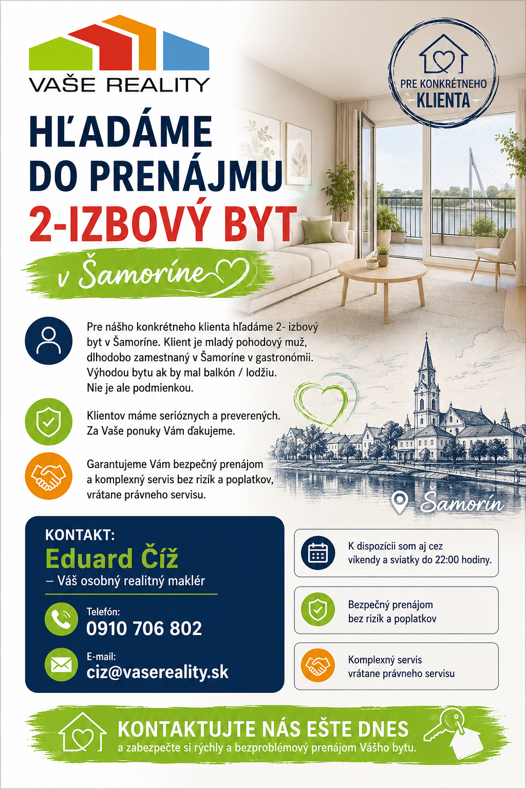 Hľadáme do prenájmu 2-izbový byt v Šamoríne, od 1.8.2026
