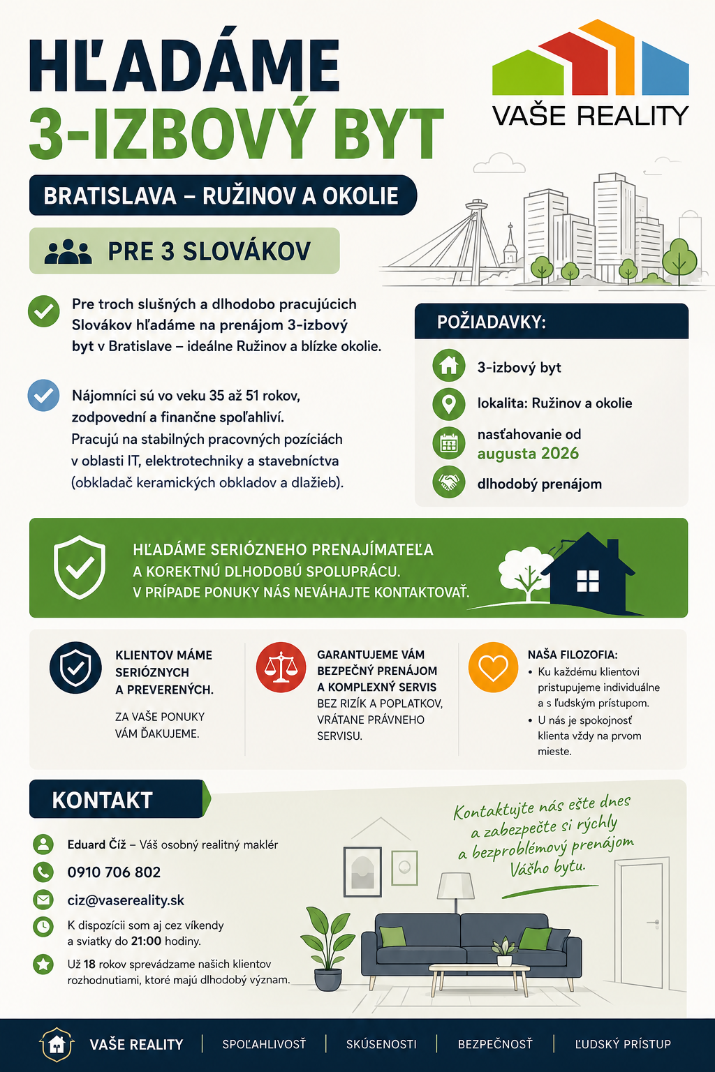 Hľadáme do prenájmu 3-izbový byt v Bratislave od 1.8.2026