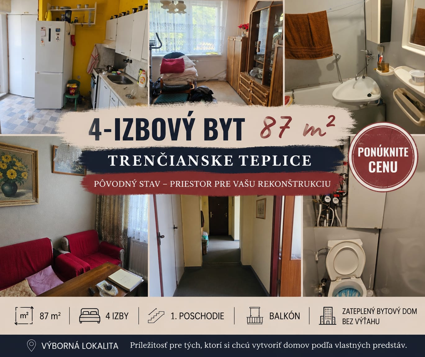 4-IZBOVÝ BYT 87 m² | TRENČIANSKE TEPLICE | VÝBORNÁ LOKALITA | PONÚKNITE CENU