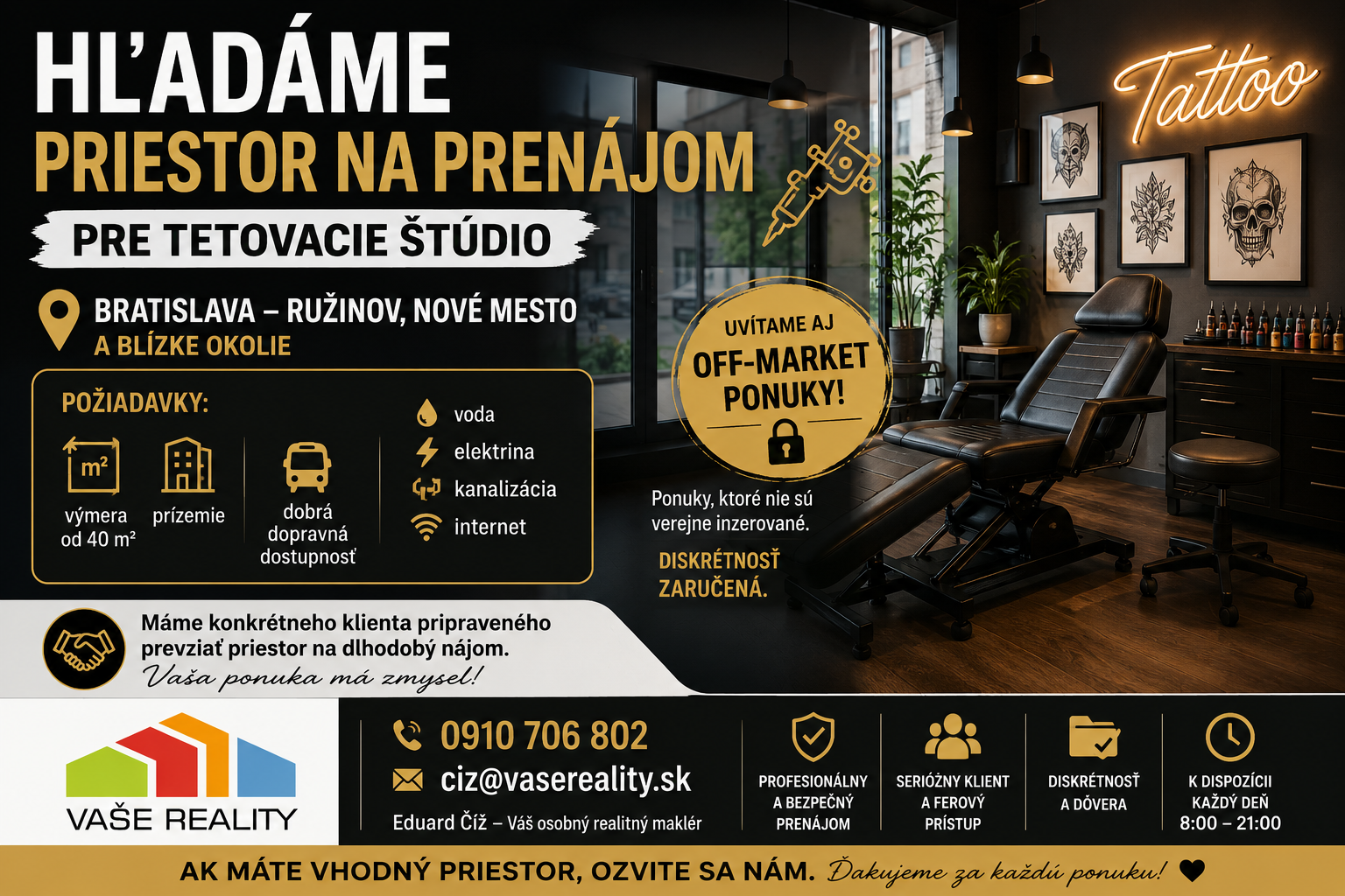 Hľadáme priestor od 40 m², BA – Ružinov na tetovacie štúdio